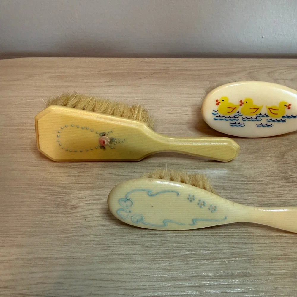 Vintage Baby Hair Brush Set 4pc Ducklings Floral Rose Celluloid Retro Nursery